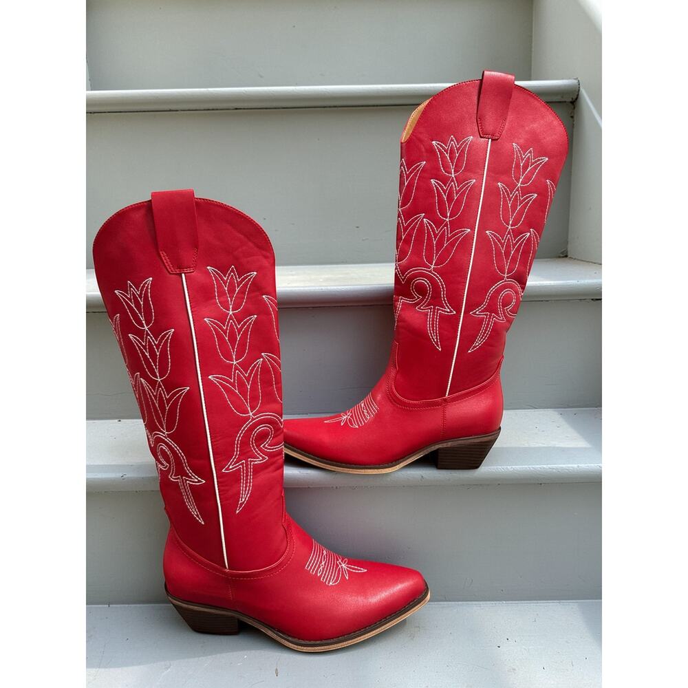 Marfa Women’s 7.5 Cherry Red Reba Tulip Embroidery Cowboy Western‎ Knee Boots
